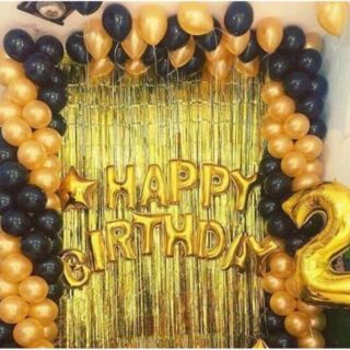 Đồ Trang Trí Sinh Nhật Tone Vàng Đen [Gồm Chữ Happy Birthday, 50 Bóng Nhũ Và 2 Rèm Kim Tuyến] [Tặng Bơm Băng Keo]