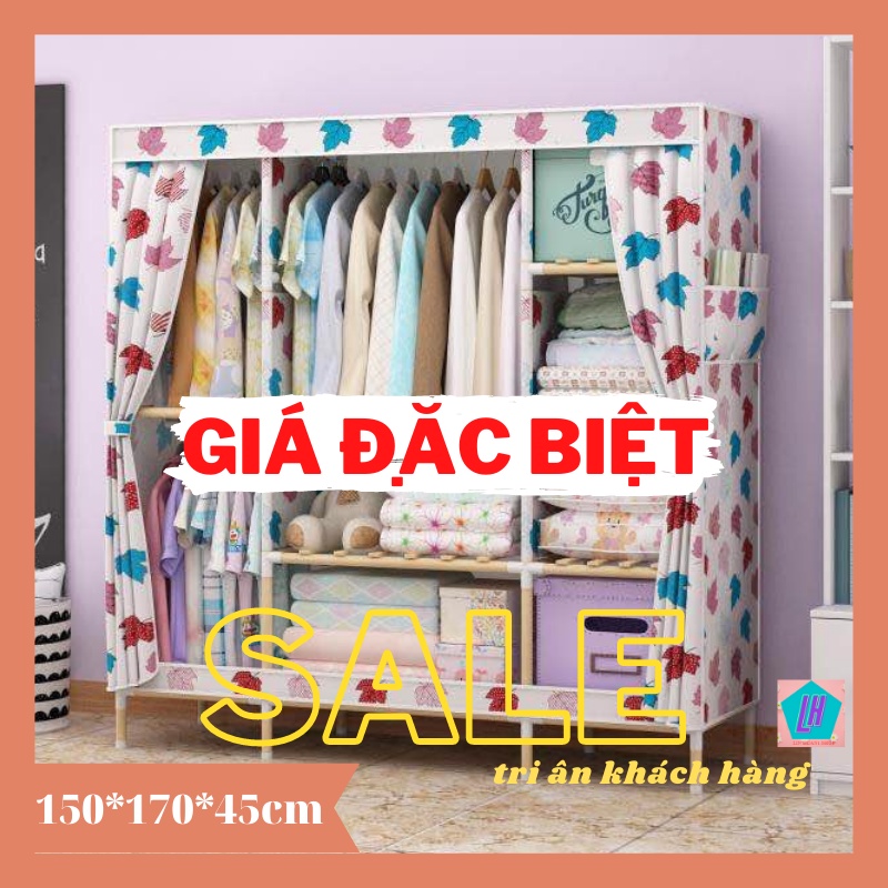 Tủ treo quần áo 💥FREESHIP💥 Tủ vải đựng quần áo - tủ vải khung gỗ 3 buồng 8 ngăn size 1.5m cao cấp