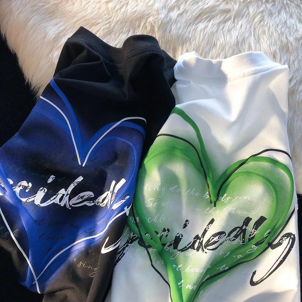 Áo Thun 100% Cotton Tay Ngắn Dáng Rộng In Hình Trái Tim Thời Trang Mùa Hè Cho Nam Và Nữ