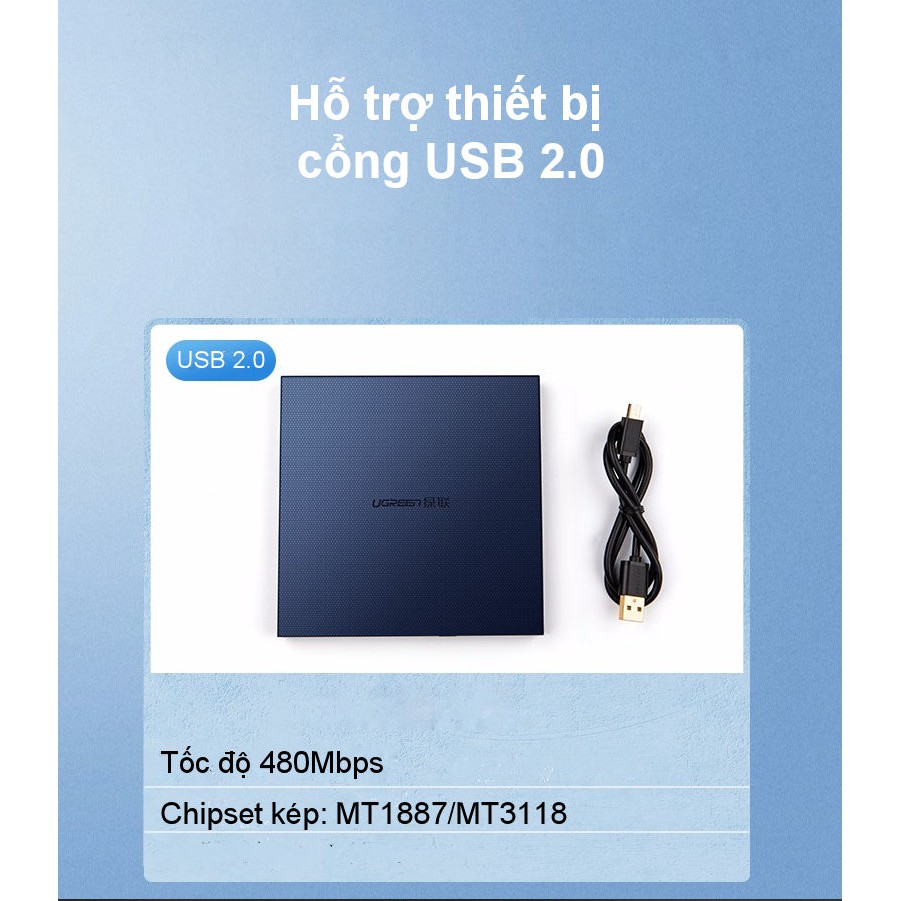 [Mã ELMALL300K giảm 5% đơn 500K] Ổ đĩa quang DVD-RW Slim gắn ngoài hỗ trợ cổng USB 2.0 UGREEN CM138 40576