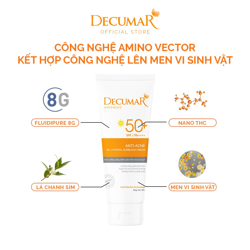 Kem Chống Nắng kiềm dầu nâng tone chuyên biệt cho da mụn Decumar Advanced Sunblock SPF50
