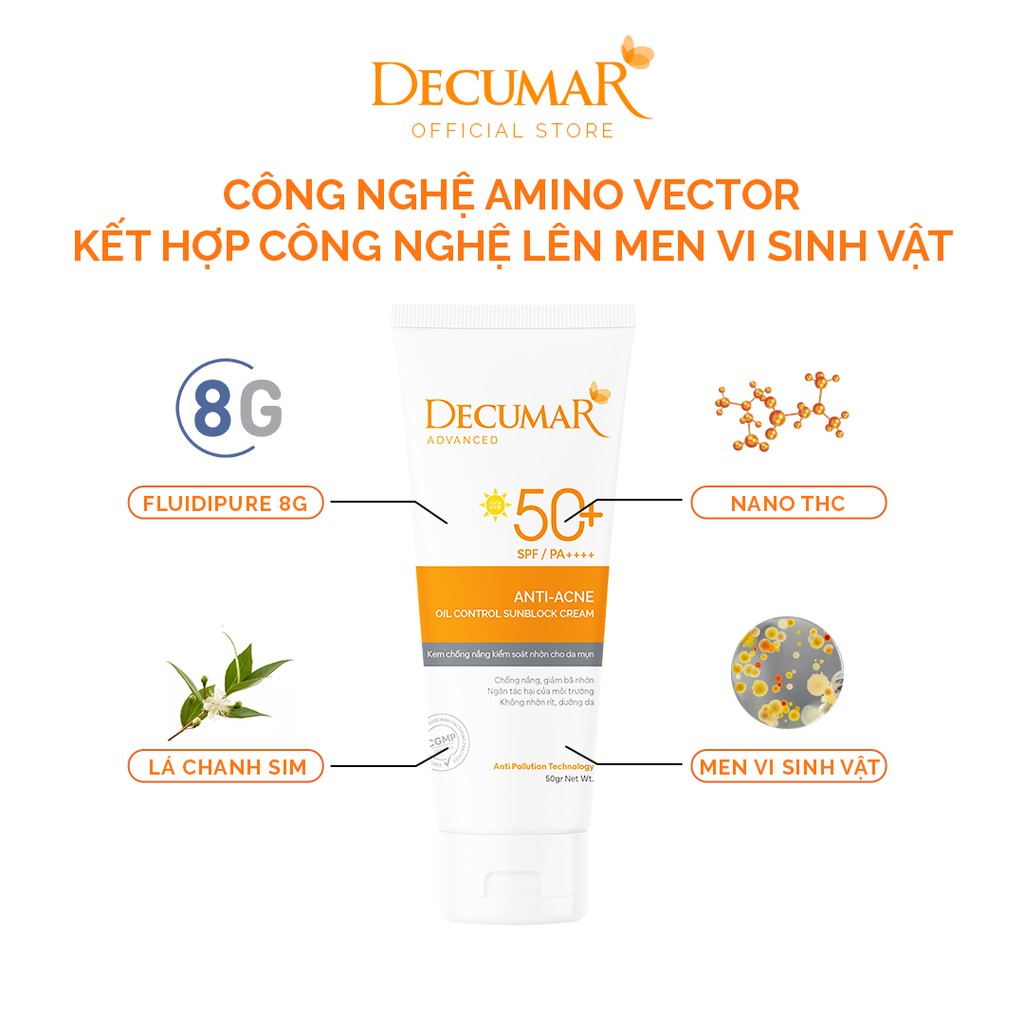 Kem Chống Nắng kiềm dầu nâng tone chuyên biệt cho da mụn Decumar Advanced Sunblock SPF50 (50gr)