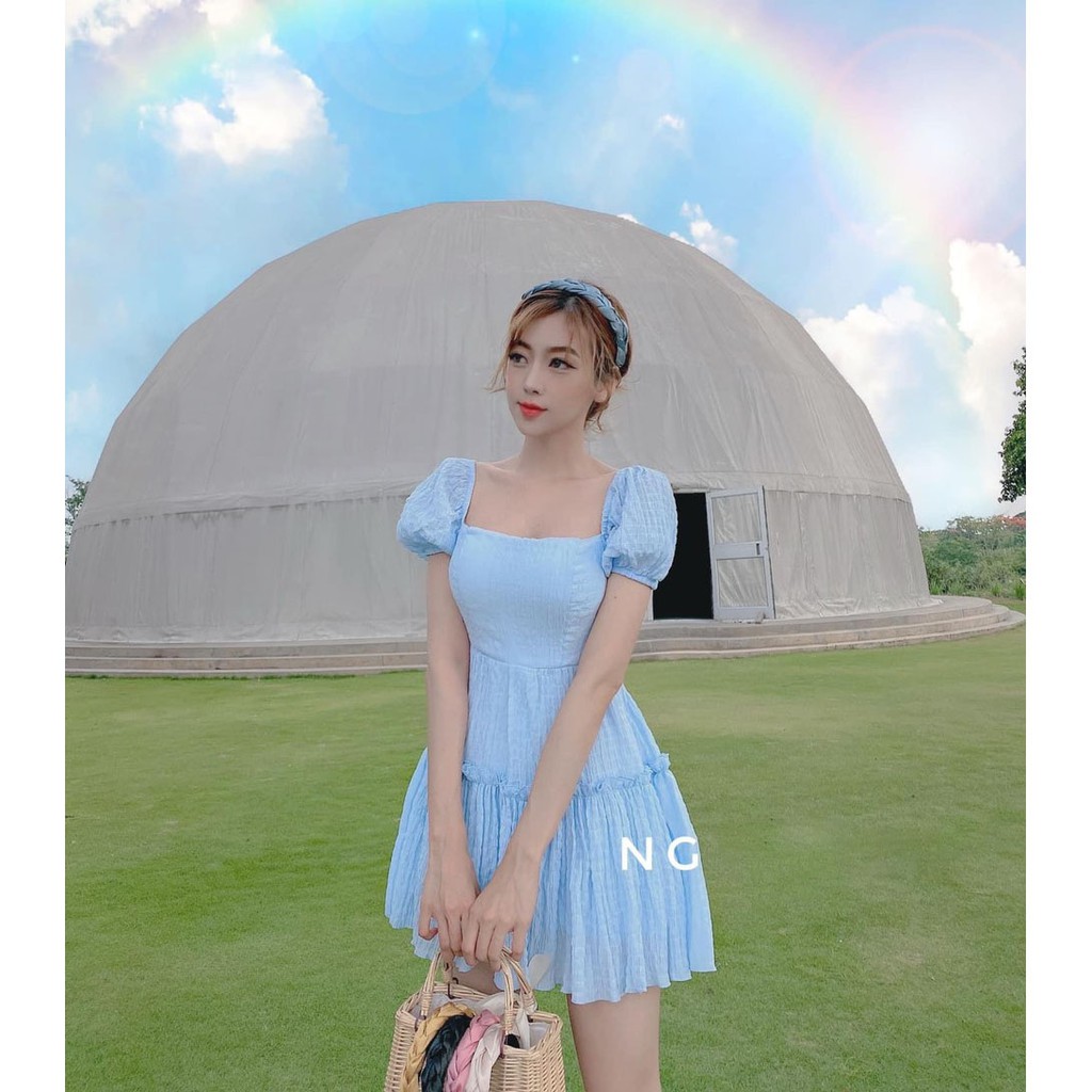 [Đầm Mới] Đầm Xòe Tay Phồng Tùng Nhún Tầng Cột Dây Sau Lưng