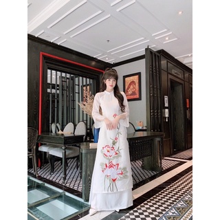 🍁Áo dài tơ mộc trắng thêu hoa sen 🍁 hàng cao cấp