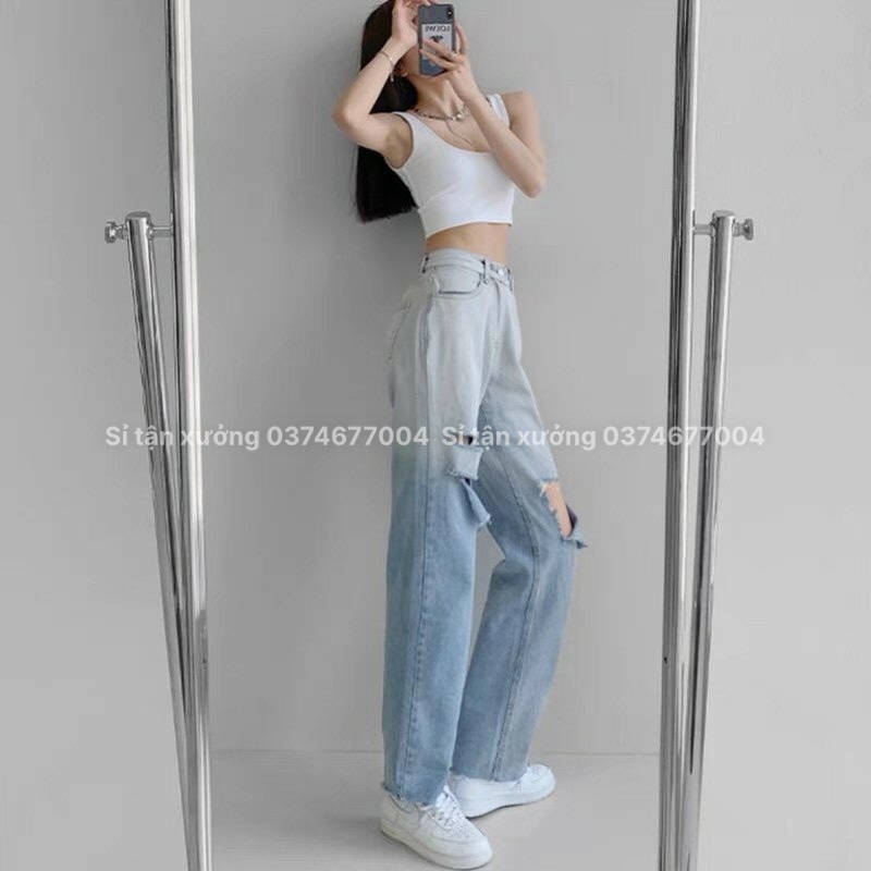 Quần bò ống rộng nữ cạp cao rách đùi, quần jean suông loang màu phong cách hiện đại 9612