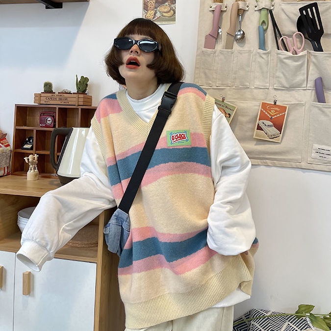 Thời Trang Áo Len Dệt Kim Không Tay Dáng Rộng Phối Màu Tương Phản Phong Cách Hàn Quốc