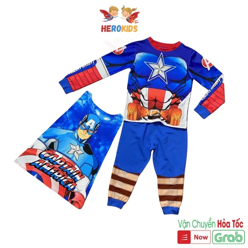 Bộ Đội Trưởng Mỹ  Dài Tay In Cơ Bắp Cho Bé Trai, Co Giãn 4 Chiều (Tặng Áo Choàng và Mặt Nạ) HERO KIDS