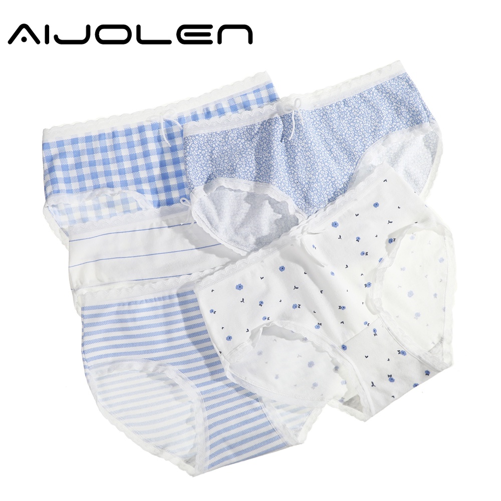 Set 5 quần lót nữ AIJOLEN vải cotton thoáng khí lưng thấp dòng màu xanh lam thắt dây nơ dễ thương