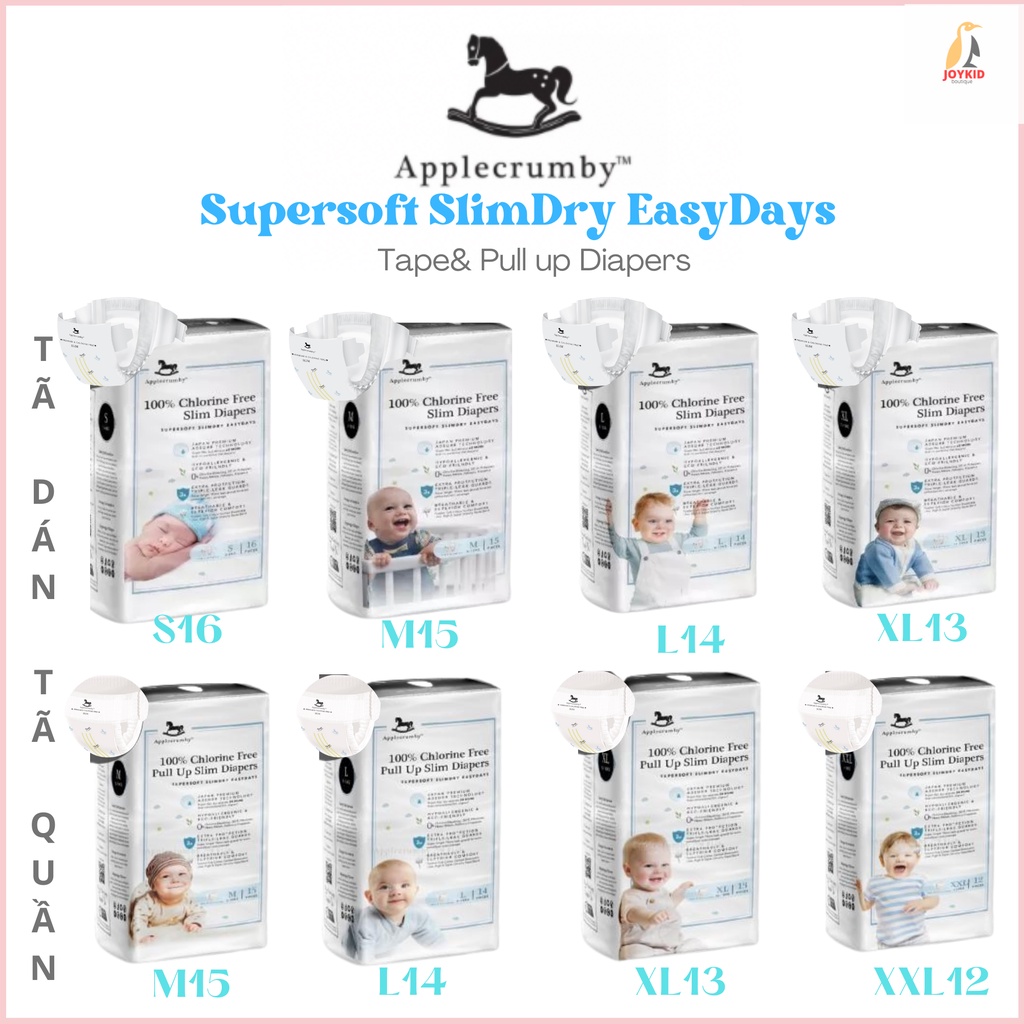 Tã/bỉm dán/quần Appplecrumby SlimDry/Overnights/Designer Tape/ Pull up Diapers đêm S/M/L/XL/XXL 16-21 miếng