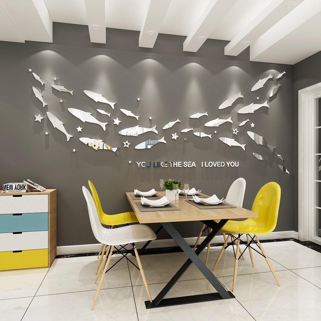 Sticker Dán Tường Họa Tiết 3D Hình Con Cá Đại Dương Dùng Trong Trang Trí Phòng Khách