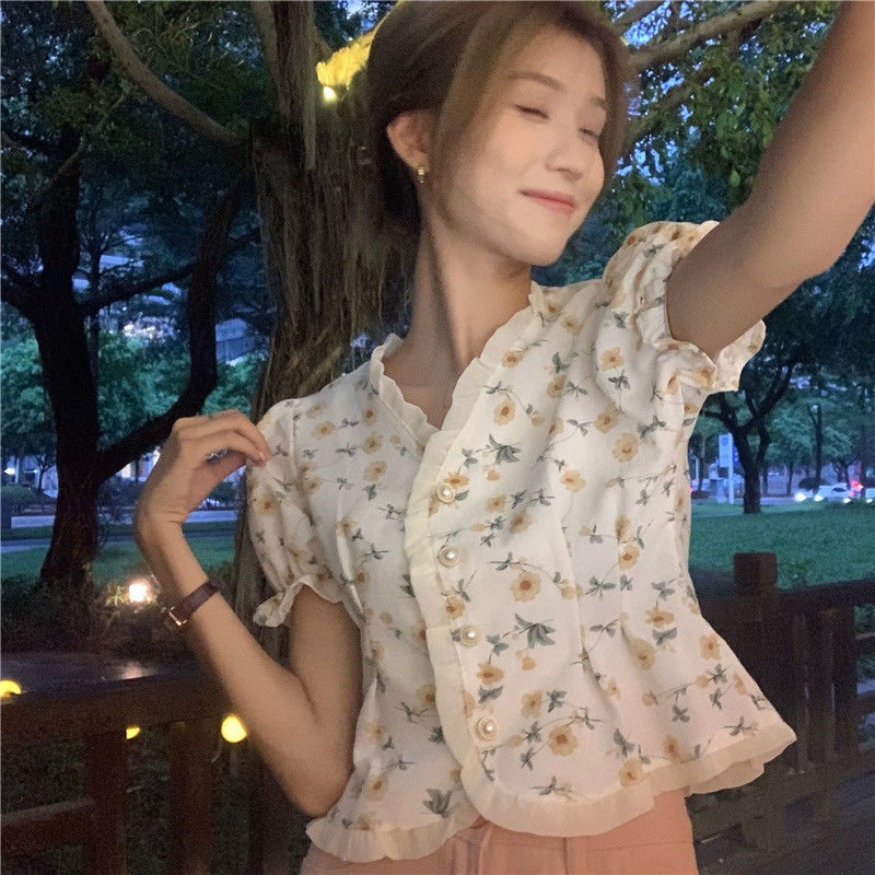 Áo sơ mi tay ngắn cổ chữ v họa tiết hoa thời trang mùa hè cho nữ áo phông nữ jl-tx-116