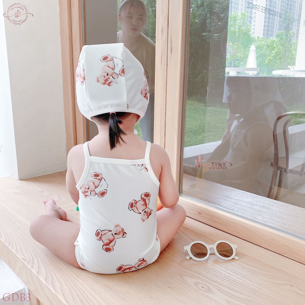 Bikini/ Đồ bơi liền 1 mảnh màu trắng họa tiết gấu bông (TẶNG KÈM MŨ BƠI) cho bé gái từ 5-13kg [GDB3]