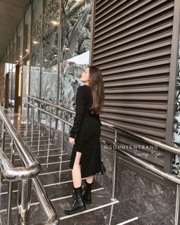Váy len trễ vai buộc đai