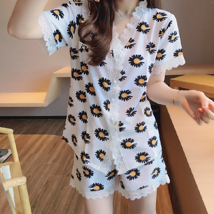 Bộ Đồ Ngủ Lụa Satin Ngắn Tay Phối Ren Phong Cách Hàn Quốc Cho Nữ Size M-2Xl