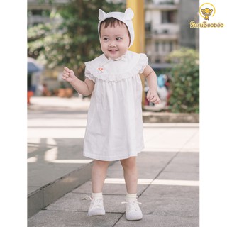 [ẢNH THẬT] Đầm phối ren cho bé tay ngắn thêu tay cao cấp vải linen trắng thân thiện trẻ em (vải tốt - may kĩ)