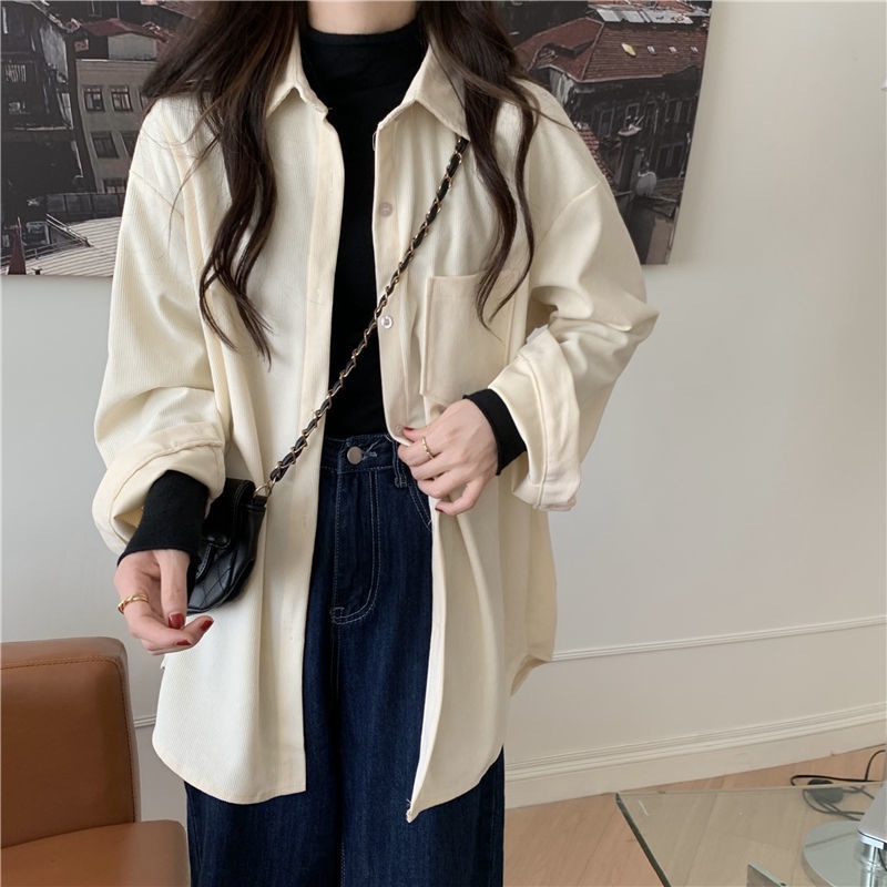 Áo Sơ Mi Form Rộng Chất Liệu Nhung Kẻ Phong Cách retro Mới