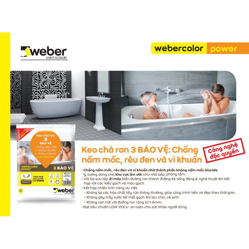 Keo chà ron/ keo chít mạch Weber.color power 3 BẢO VỆ chống nấm mốc, rêu đen và vi khuẩn chuyên dùng cho khu vực ẩm ướt