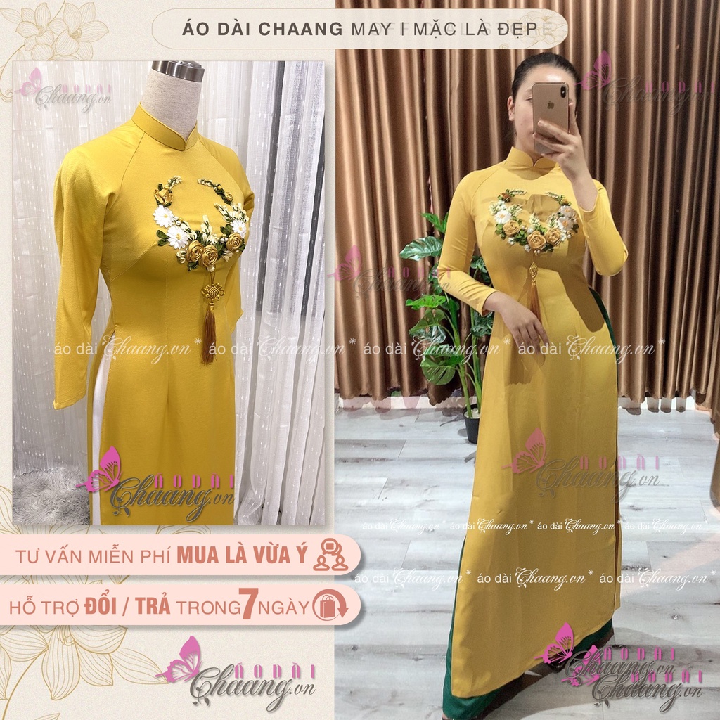 Áo dài thêu hoa CHAANG May sẵn áo dài hoa nổi duy băng vàng đồng xanh 3D