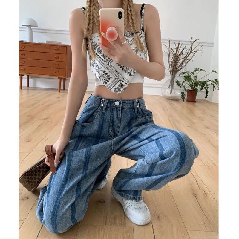 Jiashucheng Quần Jean Nữ Cạp Cao Ống Rộng Họa Tiết Sọc Ngang Phong Cách Hàn Quốc Mới