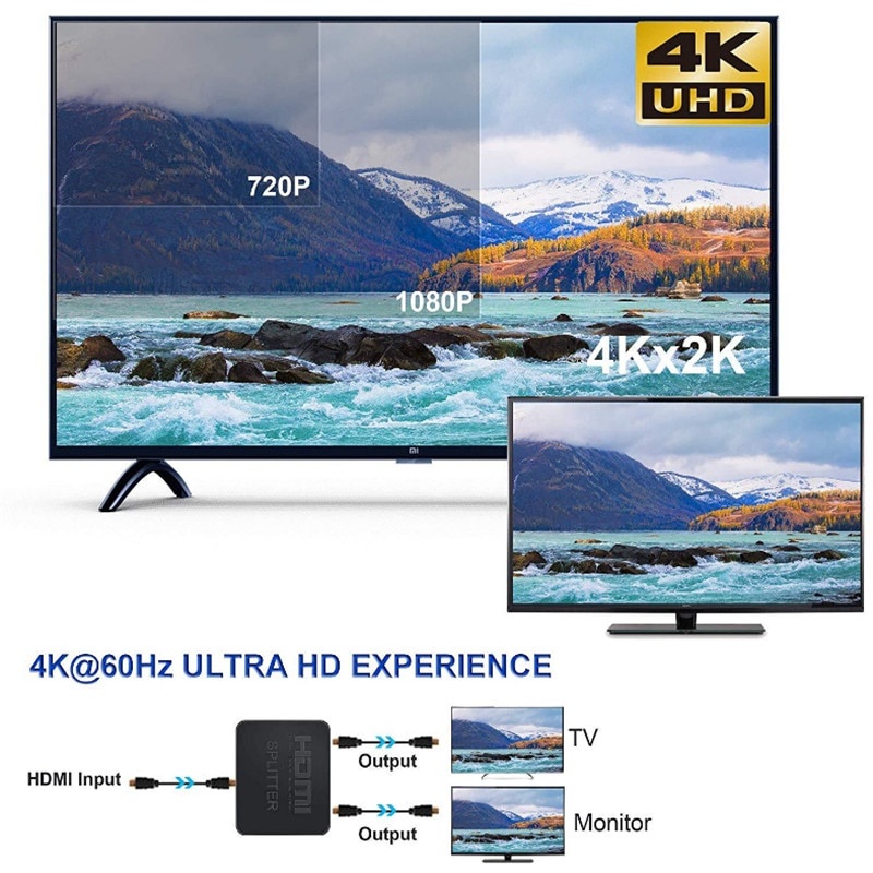 Bộ chuyển đổi Hdmi 1x2 4k 60hz 1 đầu vào 2 đầu ra HD 1080p 3D có cáp Hdmi tốc độ cao