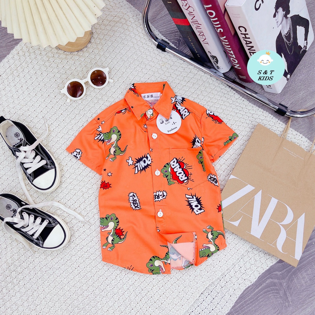 AT05 - Áo sơ mi bé trai, áo sơ mi cho bé trai in hình ngộ nghĩnh, chất đũi từ 8-25kg