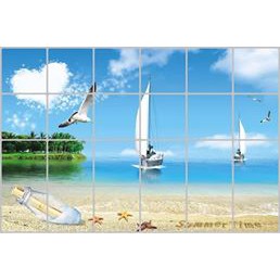 Decal dán bếp tráng nhôm cách nhiệt size lớn - cảnh bãi biển cát trắng và thuyền lớn
