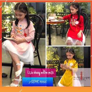 Áo Dài Cách Tân Cho Bé Gái ⚡SIÊU ĐẸP ⚡, Đính Hạt, Thêu Thân trước, Vải Lụa Nhung Cao Cấp thấm hút mồ hôi - ADK1005