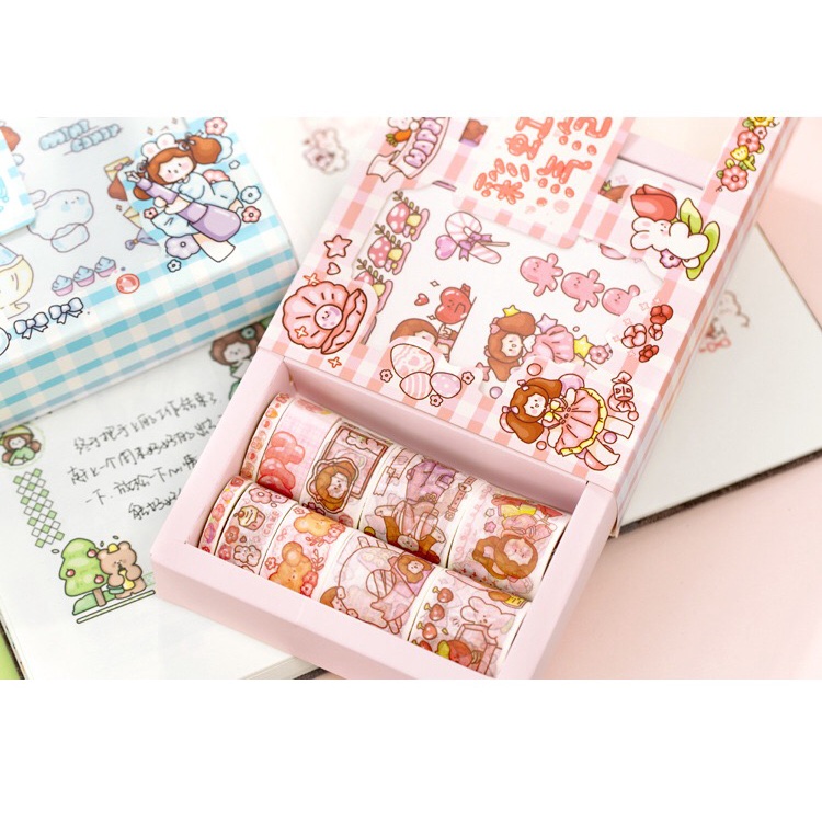 Hộp gồm 10 tấm Sticker và10 cuộn băng keo Washi tape hình cô gái dễ thương trang trí nhật ký sổ tay dễ thương