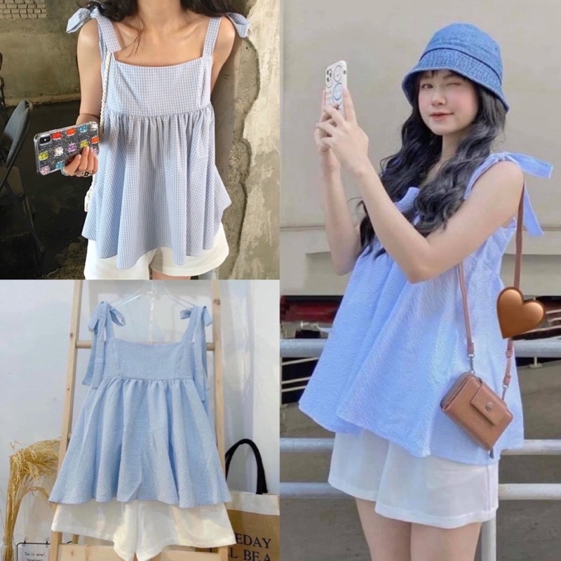 Sét áo babydoll 2 dây kẻ caro xanh thắt nơ kèm quần short trắng phong cách ulzzang hàn quốc