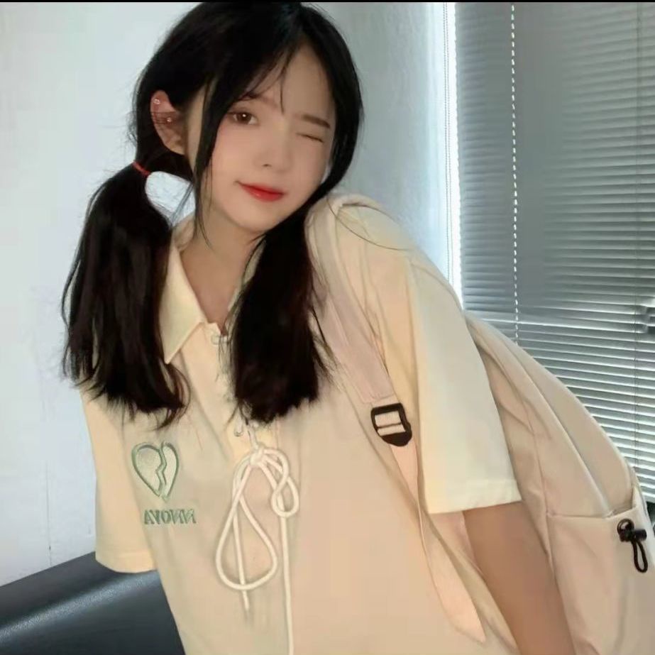 Áo Thun Polo Tay Ngắn Dáng Rộng Có Dây Rút In Hình Trái Tim Vỡ Phong Cách Preppy Ngọt Ngào Dễ Phối Đồ Cho Nam Và Nữ