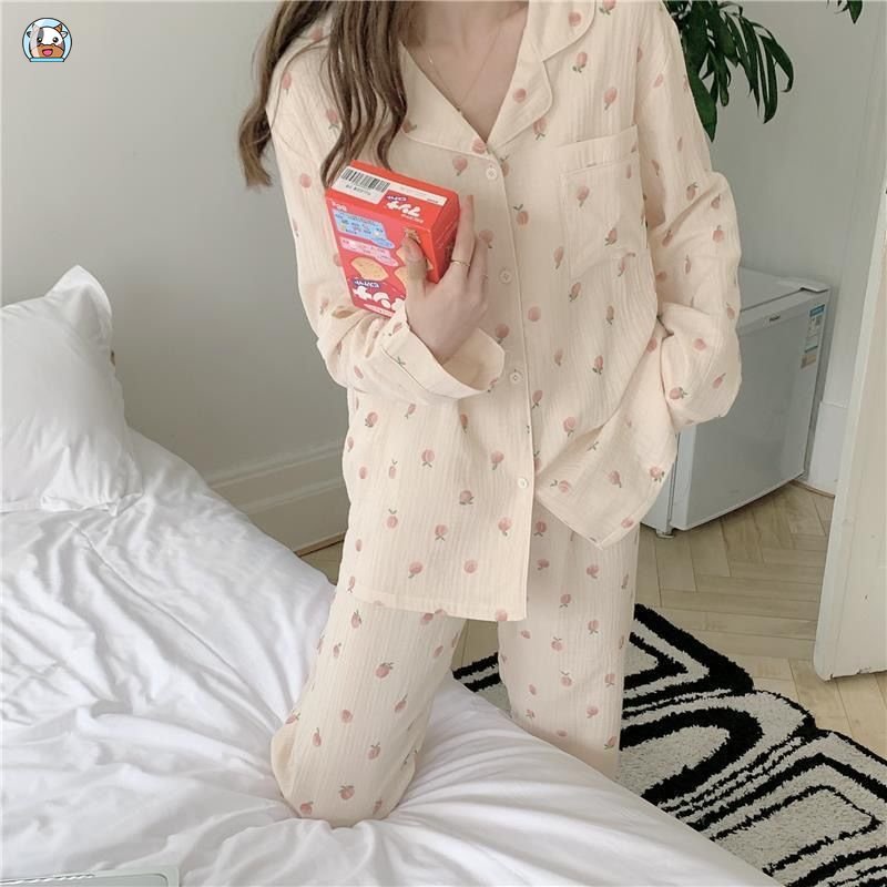 Bộ Đồ Ngủ Tay Dài Chất Liệu cotton Thời Trang Xuân Thu Xinh Xắn Cho Nữ