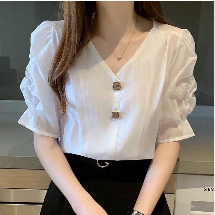 Áo Kiểu Tay Phồng Cổ Chữ V Màu Tím Phong Cách Hàn Quốc Đơn Giản Thời Trang Mùa Hè Dành Cho Nữ Mới