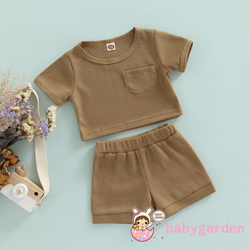 Bộ Áo Tay Ngắn Cổ Tròn + Quần Short Dây Rút Màu Trơn Thời Trang Mùa Hè Dành Cho Bé Trai 0-24 Tháng