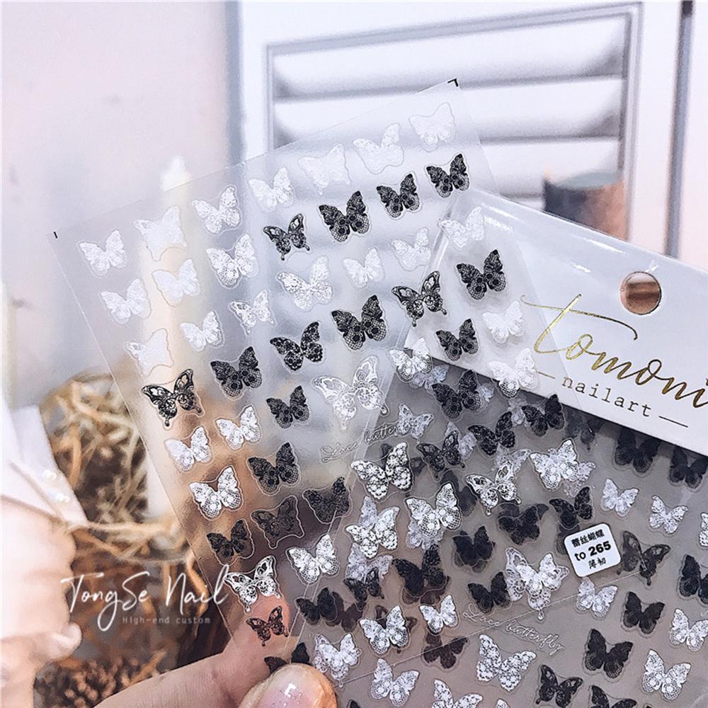 Miếng Dán Trang Trí Móng Tay Tự Dính Hình Bướm Và Ren Màu Trắng DIY