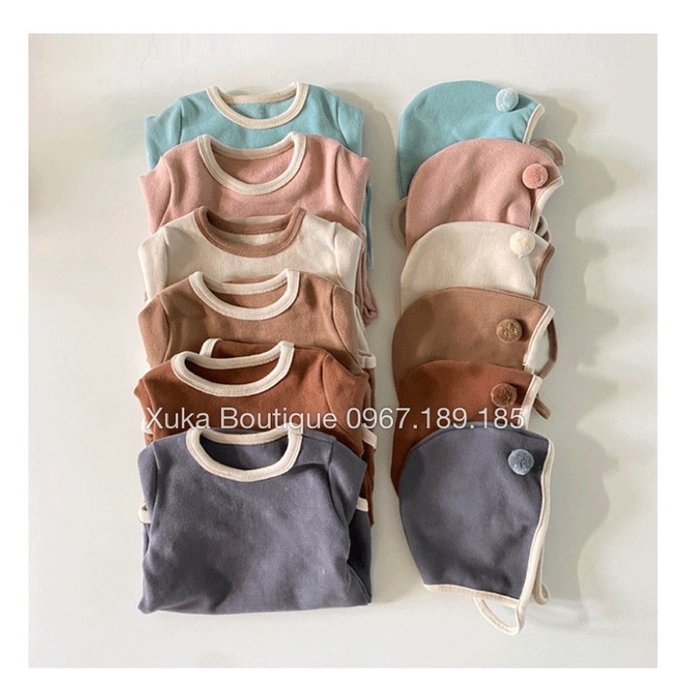 Set Bodysuit Dài Tay Kèm Mũ Cục Bông Cho Bé 0-3 Tuổi Style Nhật Bản Chất Cotton Cực Mềm Mại Mùa Thu Đông