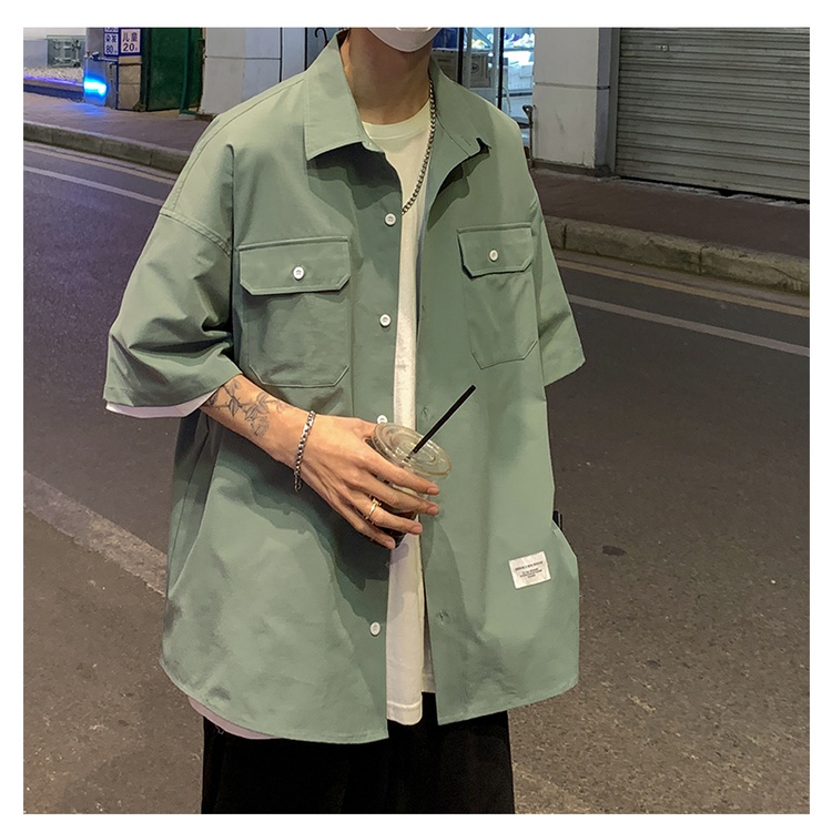 ♞AFF LIGA♞ Áo sơ mi tay ngắn màu trơn form rộng thời trang mùa hè phong cách Hàn Quốc trẻ trung cho nam