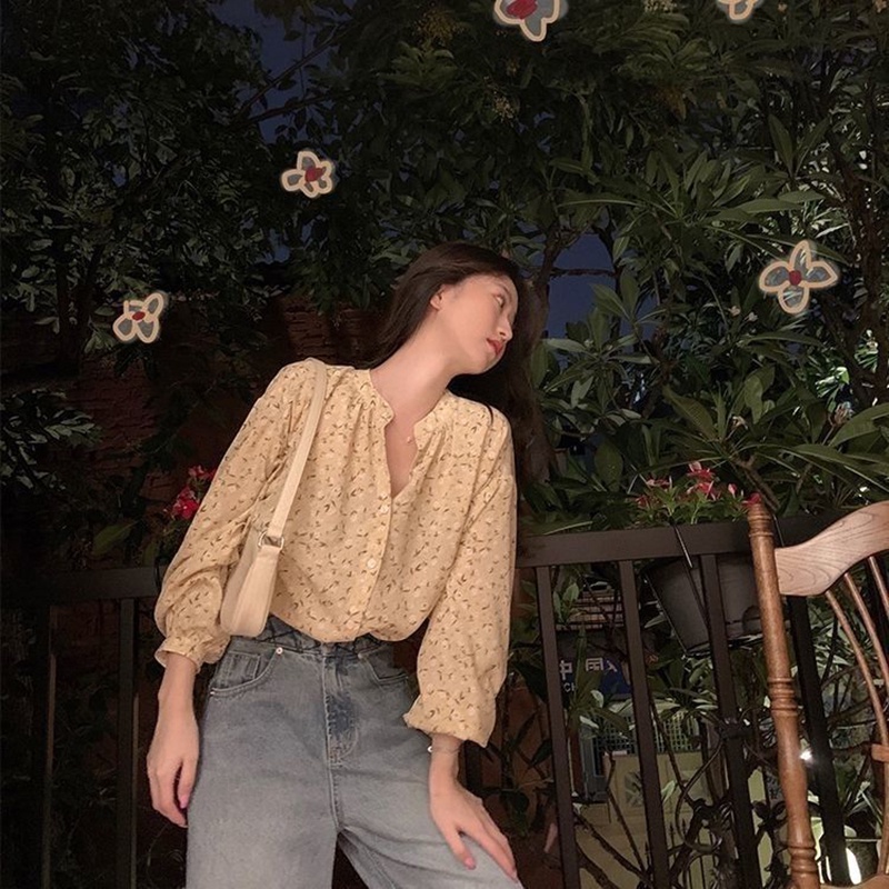 Áo voan IELGY cổ chữ V in hoa kiểu Pháp ngọt ngào vintage cho nữ