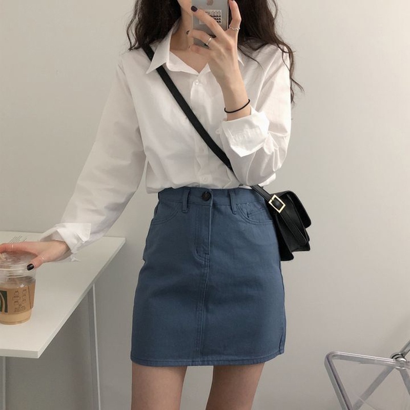 Áo sơ mi polo IELGY tay dài màu trơn phong cách Hàn Quốc thời trang cho nữ