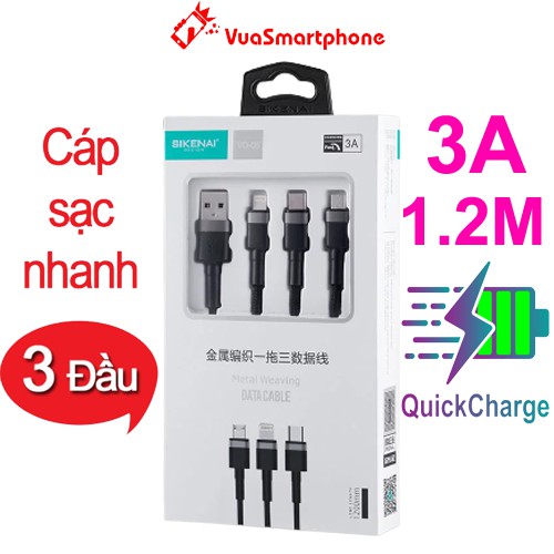 Sạc Nhanh 3 Đầu 3in1 SIKENAI VO-05 Chính Hãng Dùng Cho iPhone, Samsung, Oppo Bảo hành 1 đổi 1 trong 12 tháng