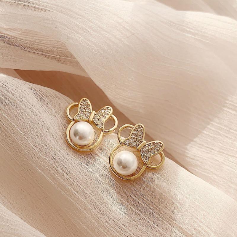 Hoa tai mạ bạc 925 hình chuột Mickey dễ thương đính ngọc trai nhân tạo phong cách Hàn Quốc