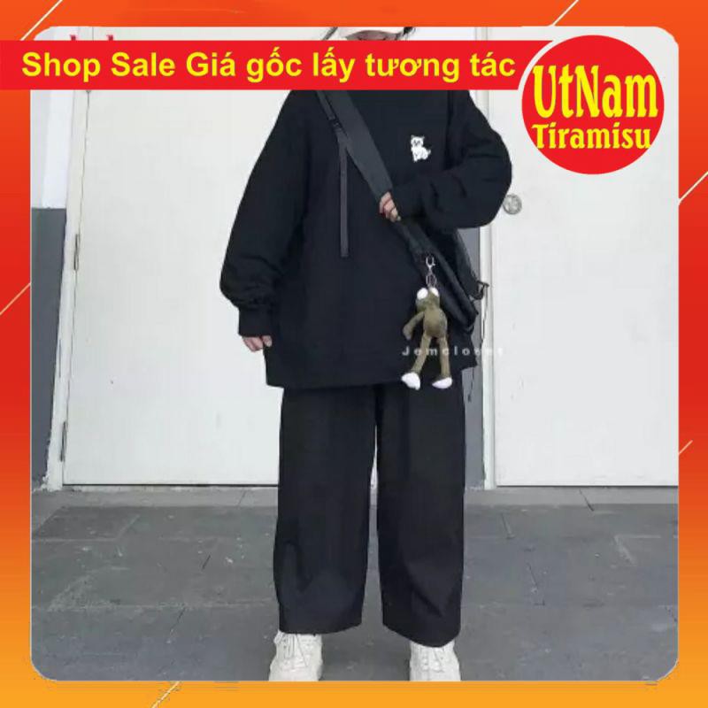 Bộ Set nữ Quần ống rộng vải sạn + Áo Sweater  mèo con Unisex Nỉ lót bông chuẩn ảnh - Bộ Nỉ Đôi - Set Nỉ Đẹp HotTrend | BigBuy360 - bigbuy360.vn