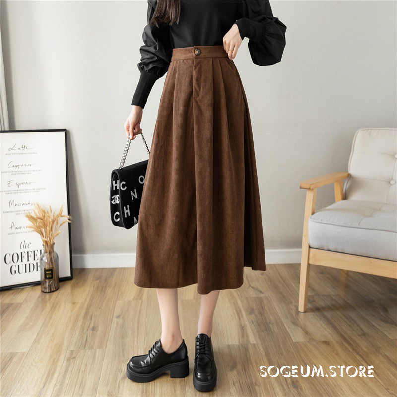 Chân váy dài lưng cao chất nhung tăm, chân váy dáng xòe tiểu thư vintage - sogeum.store | BigBuy360 - bigbuy360.vn