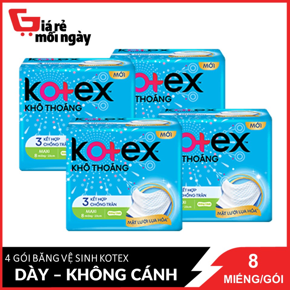 Combo 4 Gói Băng Vệ Sinh Kotex Khô Thoáng 23cm Dày Không Cánh 8 Miếng X4