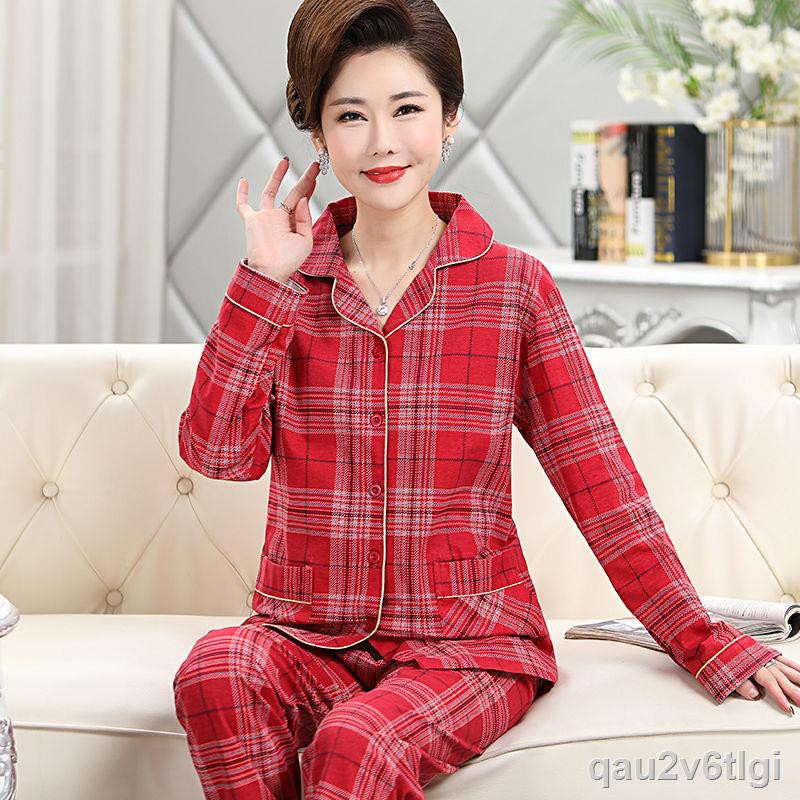 Pyjama nữ tay dài cotton Phù hợp với người cao tuổi cardigan plus size home serviceJ