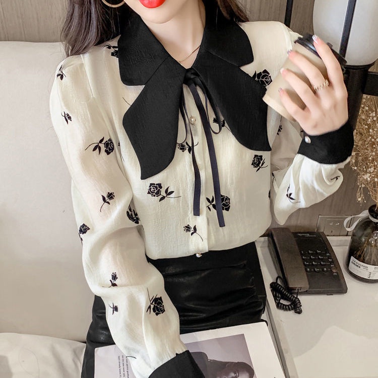 2022 autumn new bow collar Hepburn broken flower blouse feminine bubble long-sleeved chiffon bottomed shirt girl