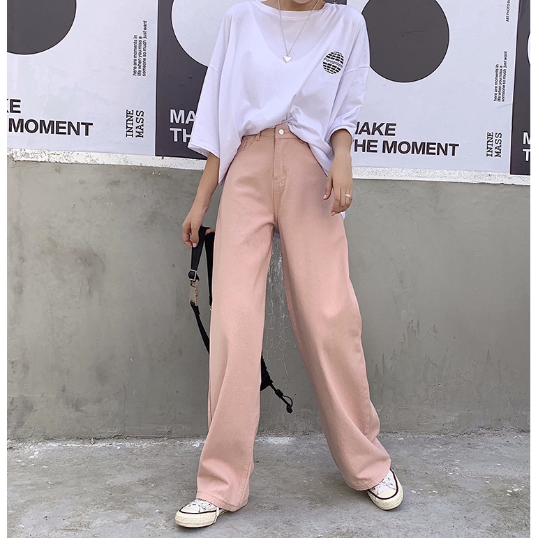 Quần denim ống rộng màu trơn phong cách Hàn Quốc cho nữ | BigBuy360 - bigbuy360.vn