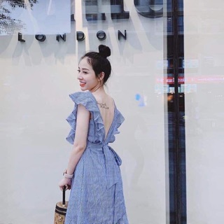 Đầm xoè caro hở lưng cột nơ sau vai bèo cao cấp