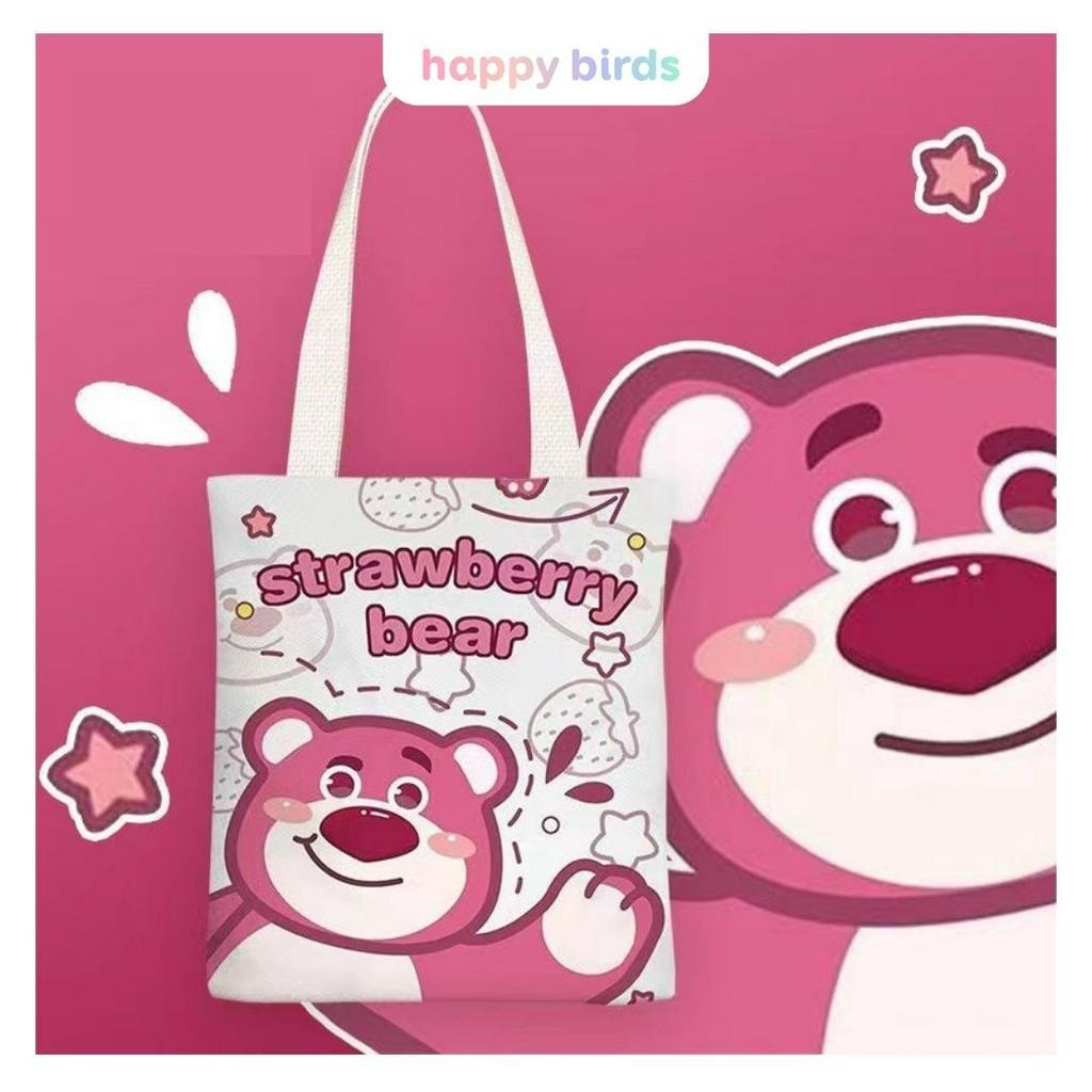 Túi tote vải canvas đeo vai hoạt hình gấu dâu vải bố canvas đựng đồ đi học thêm đi chơi phong cách Hàn Quốc HappyBirds
