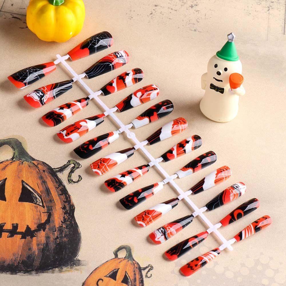 Bộ Móng Tay Giả Họa Tiết Bí Ngô Hai Mặt Dạng Nhấn Che Phủ Toàn Diện DIY