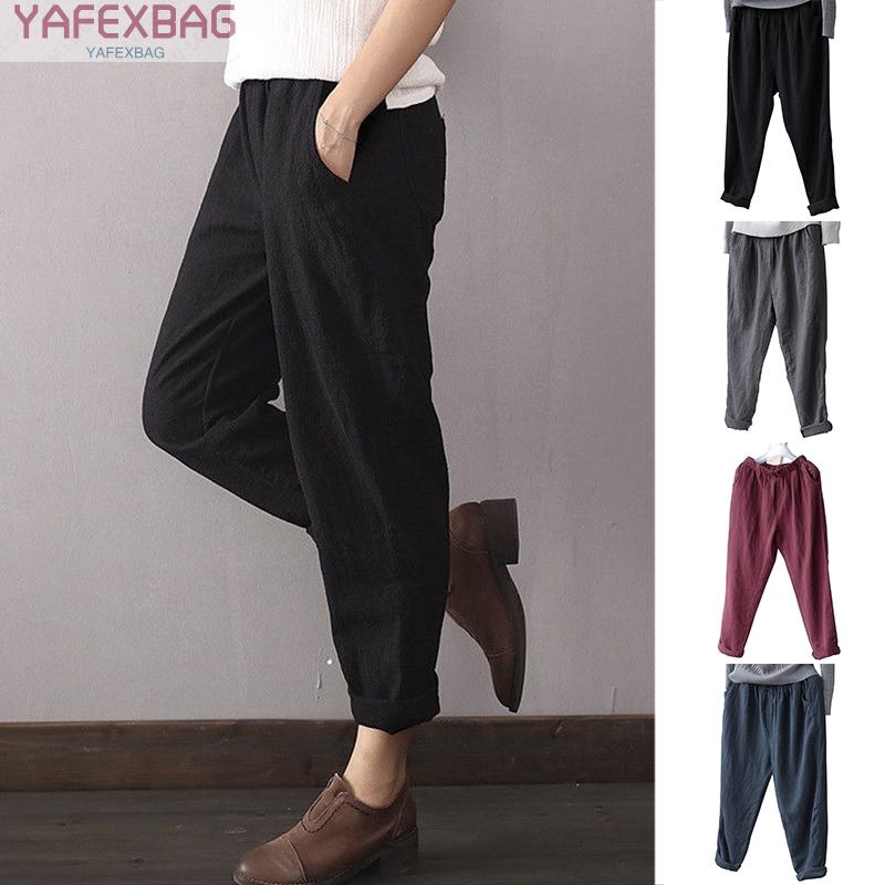 Quần cotton dài lưng co giãn màu trơn thời trang nữ | BigBuy360 - bigbuy360.vn